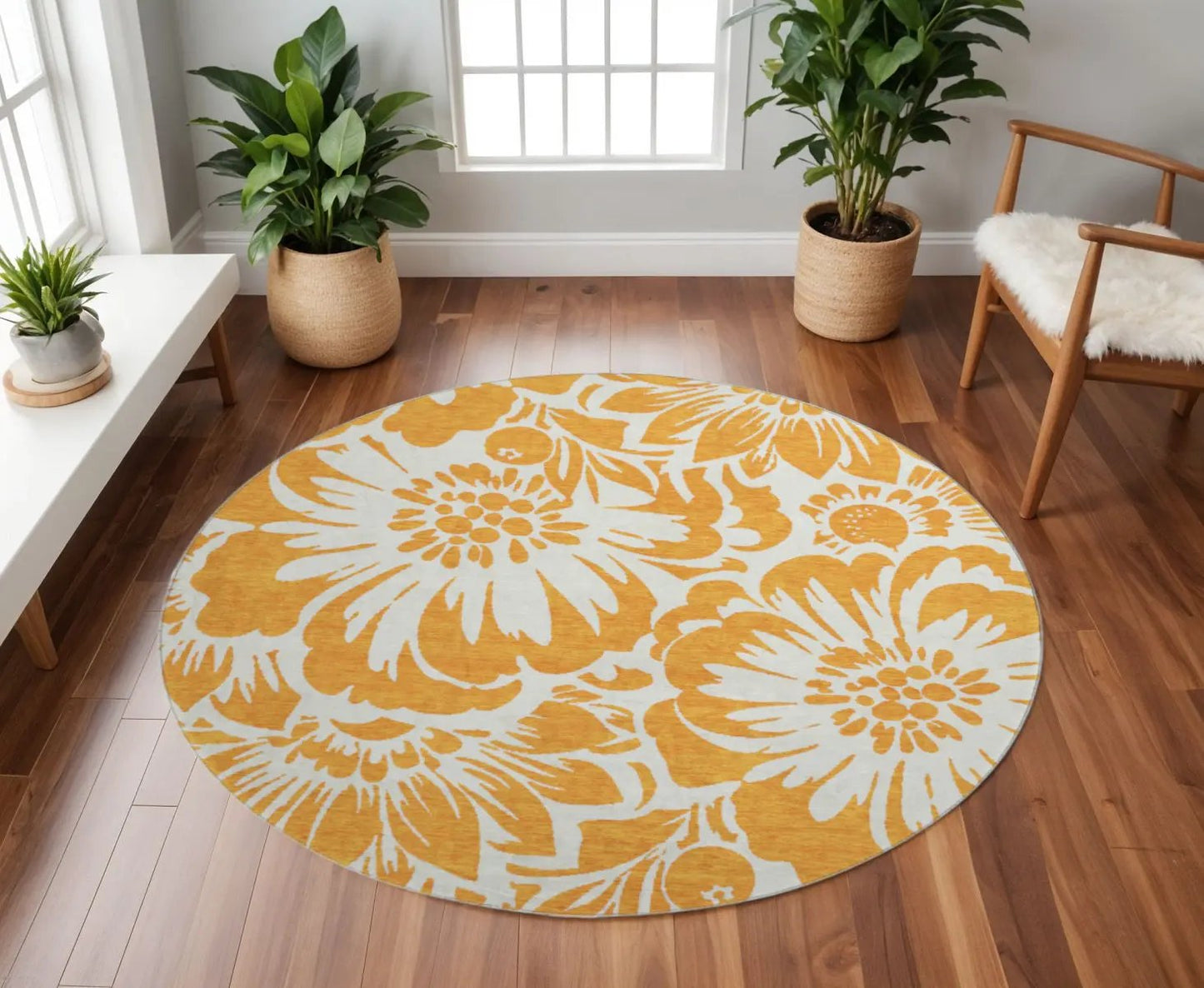 8' Orange And Ivory Floral Washable Round Rug With UV Protection