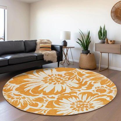 8' Orange And Ivory Floral Washable Round Rug With UV Protection
