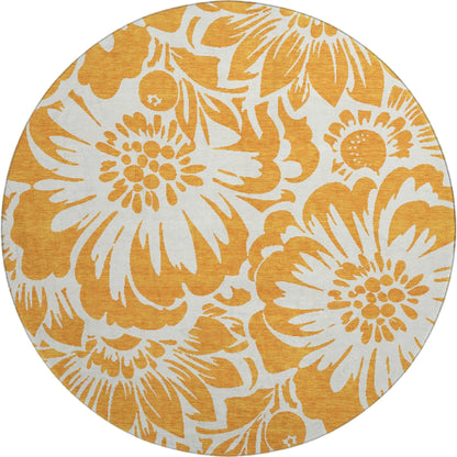 8' Orange And Ivory Floral Washable Round Rug With UV Protection