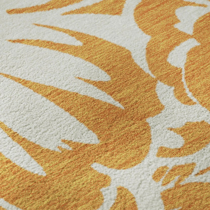 8' Orange And Ivory Floral Washable Round Rug With UV Protection