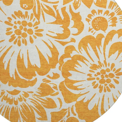 8' Orange And Ivory Floral Washable Round Rug With UV Protection