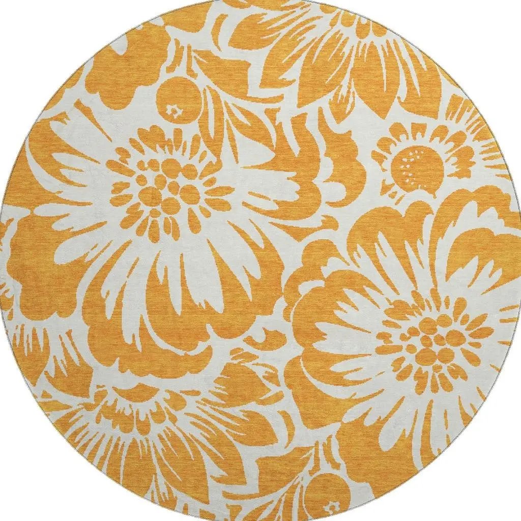 8' Orange And Ivory Floral Washable Round Rug With UV Protection