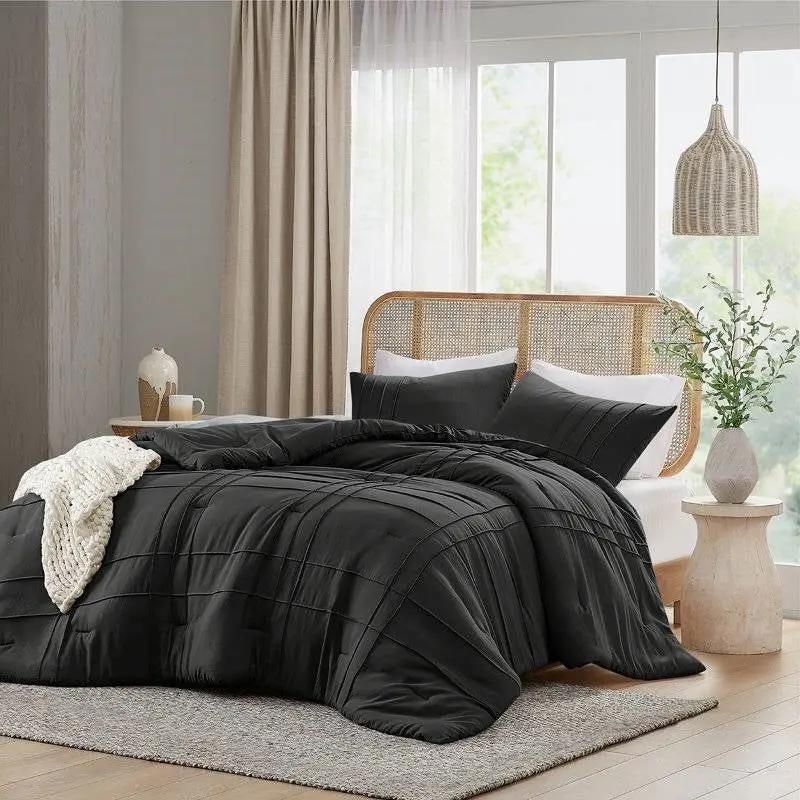 King size Pre-Washed Pleated Microfiber Comforter Set in Black