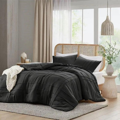 King size Pre-Washed Pleated Microfiber Comforter Set in Black