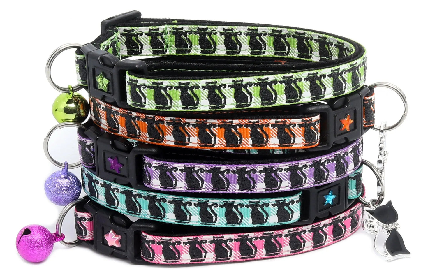 Glittering Black Cats on Plaid Breakaway Cat Collar