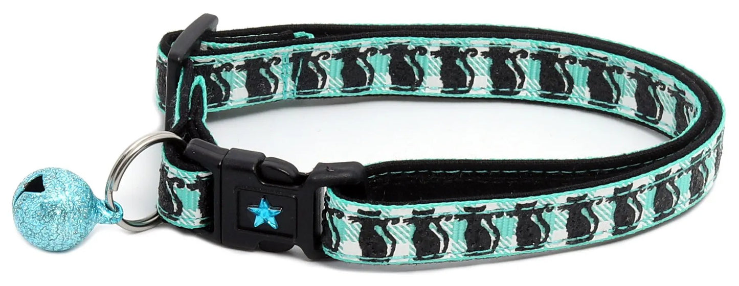 Glittering Black Cats on Plaid Breakaway Cat Collar