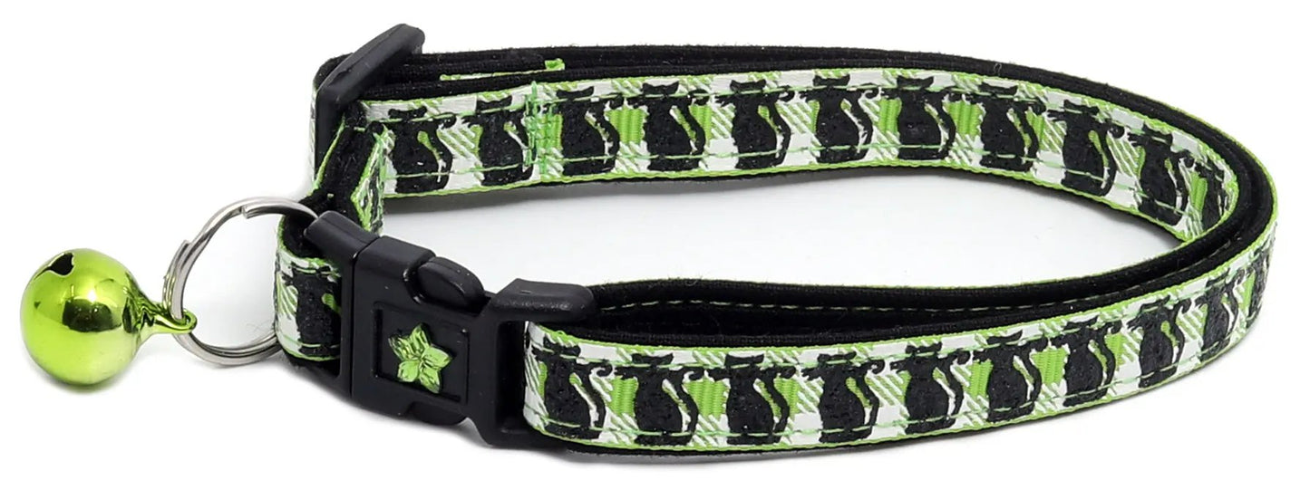 Glittering Black Cats on Plaid Breakaway Cat Collar