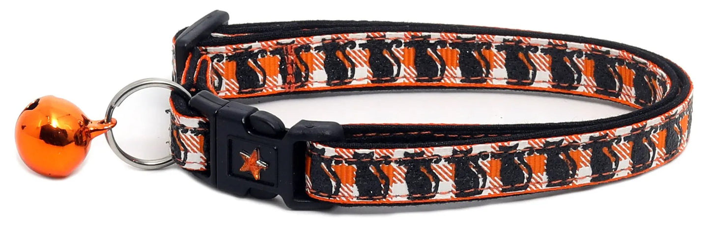Glittering Black Cats on Plaid Breakaway Cat Collar