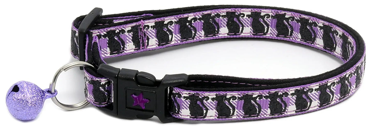 Glittering Black Cats on Plaid Breakaway Cat Collar