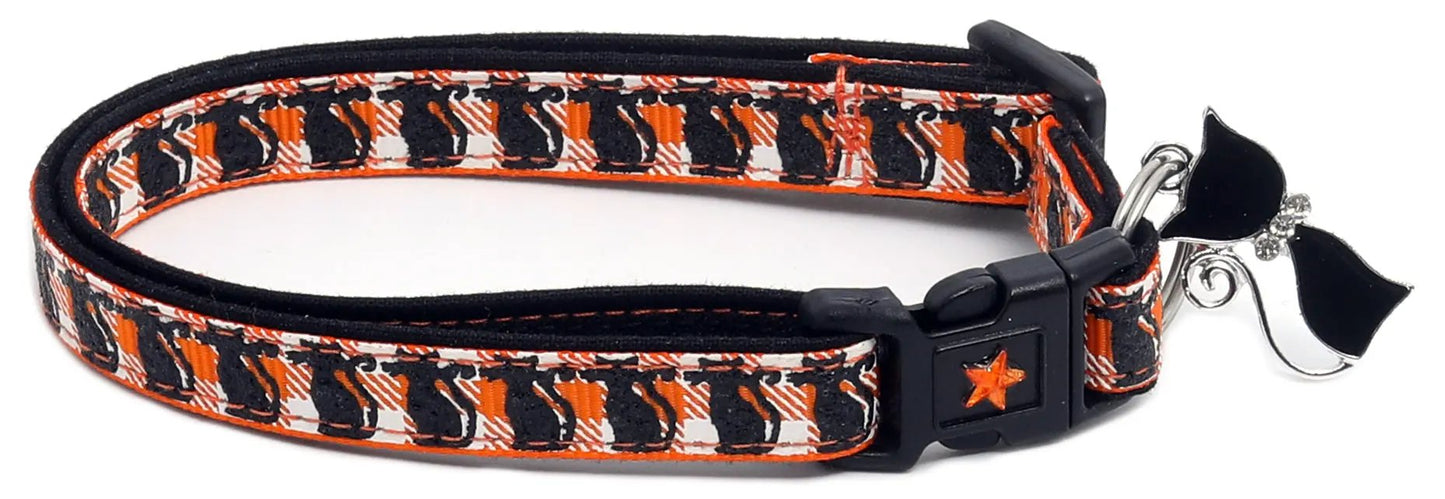 Glittering Black Cats on Plaid Breakaway Cat Collar