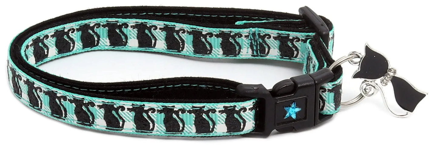 Glittering Black Cats on Plaid Breakaway Cat Collar