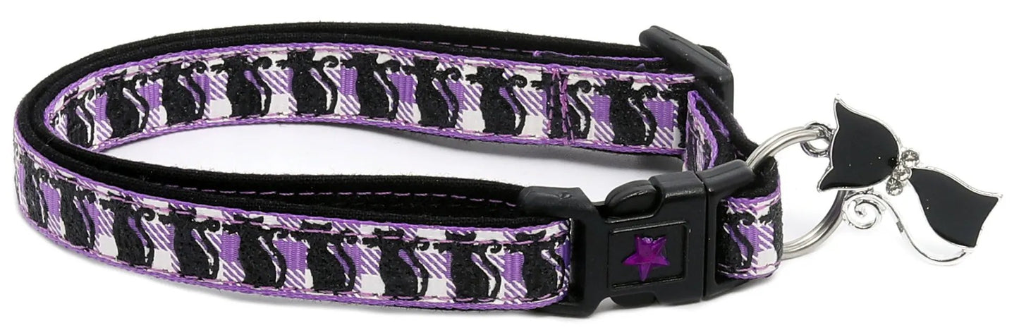 Glittering Black Cats on Plaid Breakaway Cat Collar