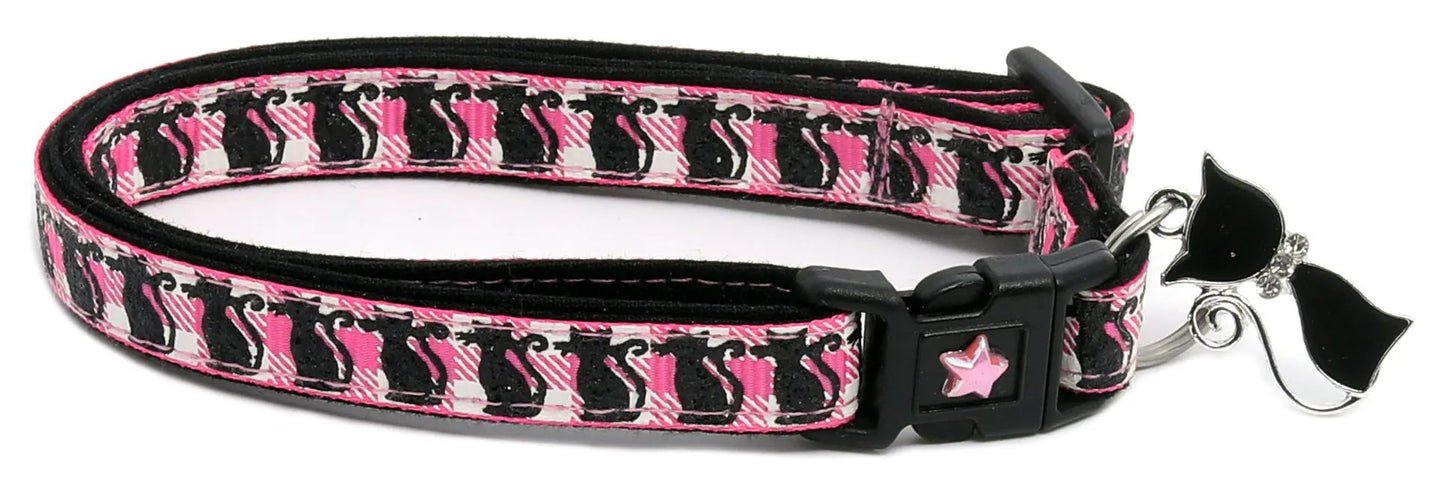 Glittering Black Cats on Plaid Breakaway Cat Collar