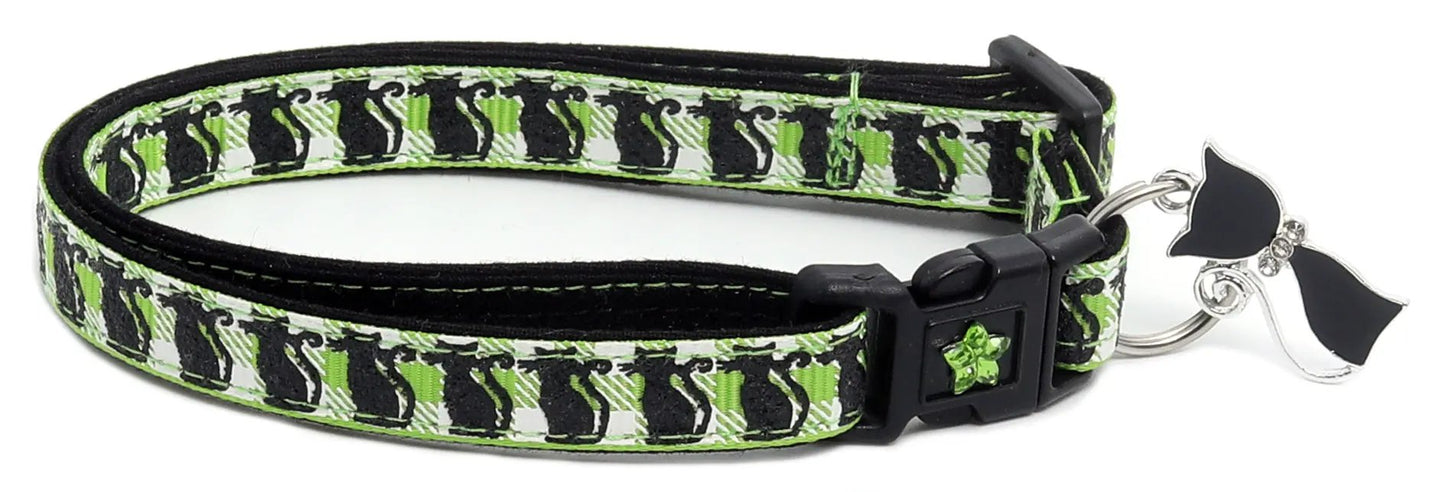 Glittering Black Cats on Plaid Breakaway Cat Collar