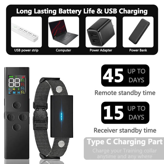 Dog training collar with remote and receiver, featuring battery life and charging information.