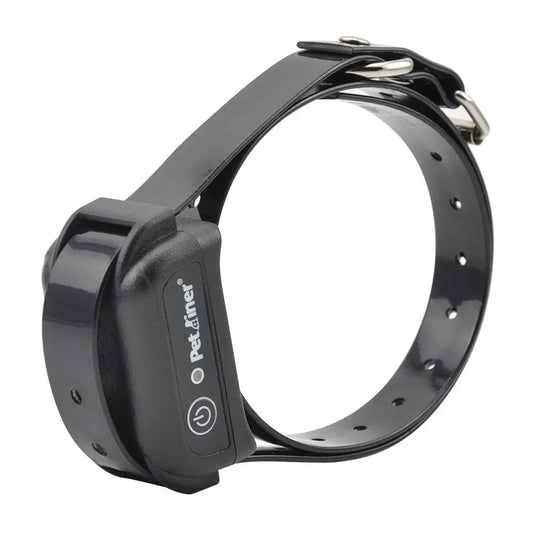 Black electronic dog collar with visible brand logo on a white background