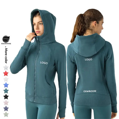 Xsunwing Custom Logo Fitness Coat Sports Wear Outwear Women Running Jackets With Thick Full Zip up Face Hoodie Sweater WDQ028-0