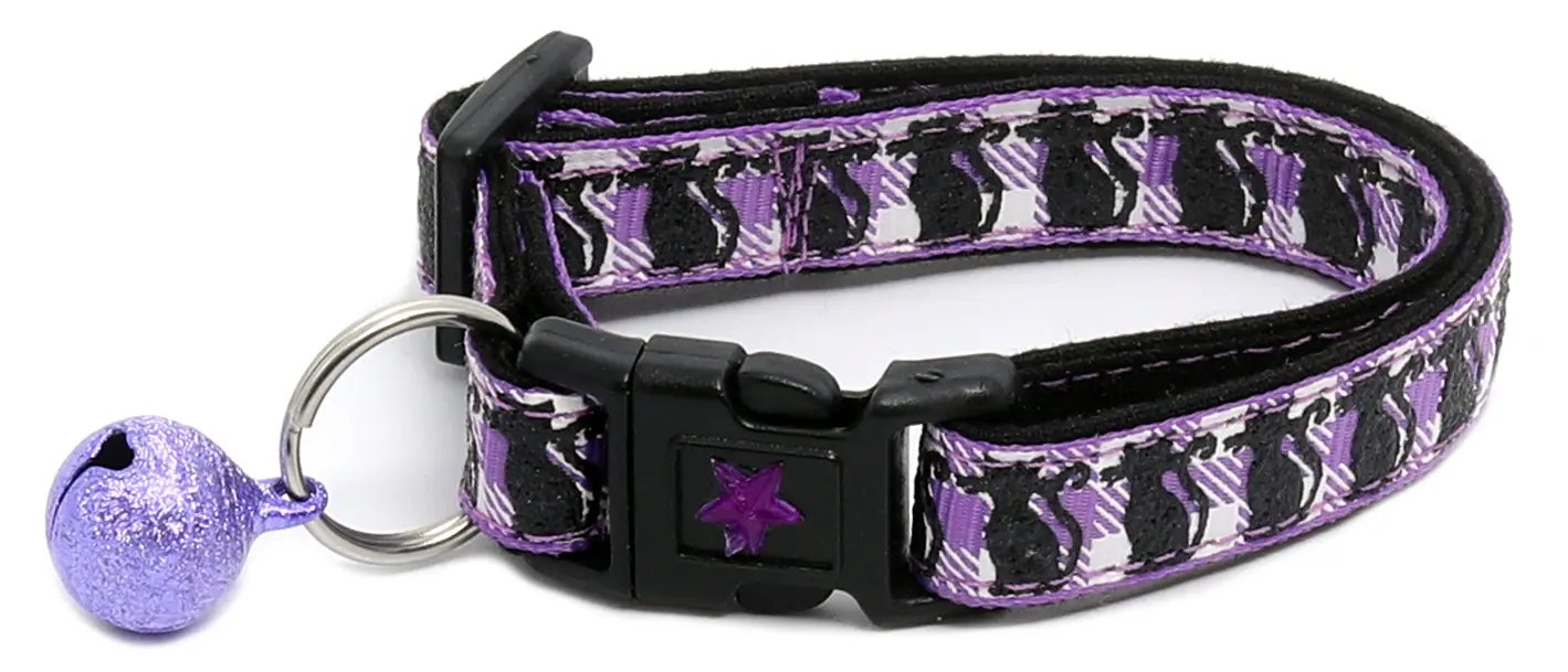 Glittering Black Cats on Plaid Breakaway Cat Collar