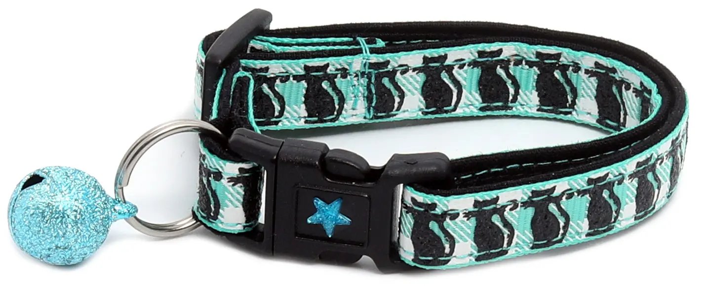 Glittering Black Cats on Plaid Breakaway Cat Collar
