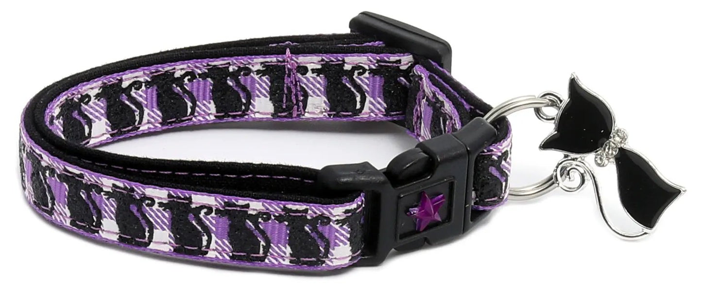 Glittering Black Cats on Plaid Breakaway Cat Collar