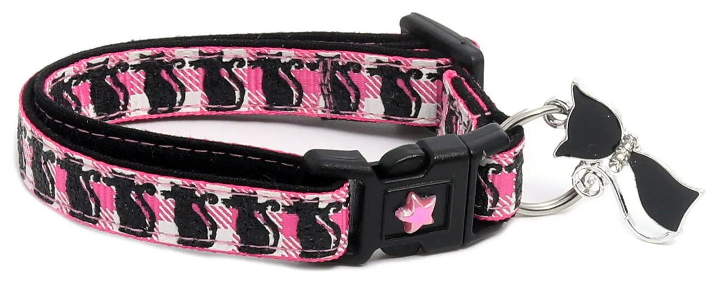 Glittering Black Cats on Plaid Breakaway Cat Collar