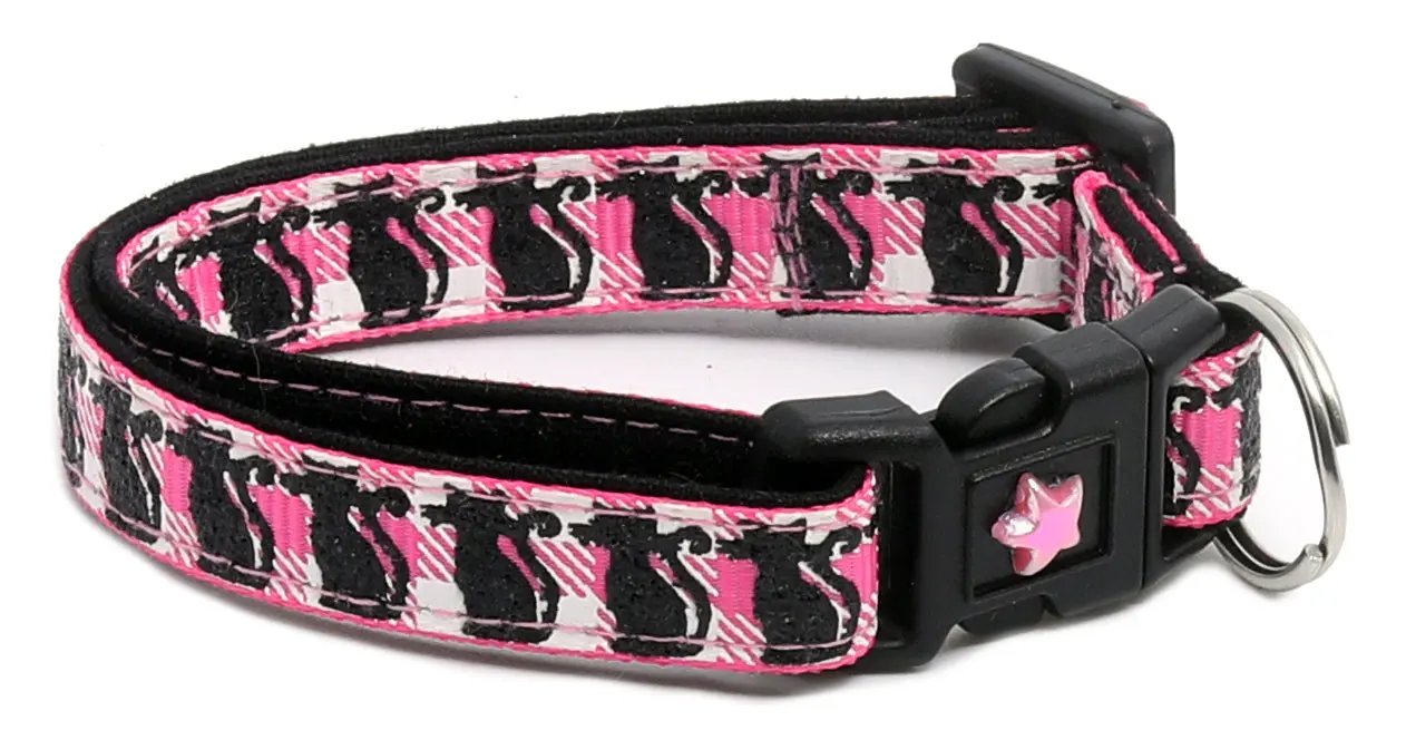 Glittering Black Cats on Plaid Breakaway Cat Collar