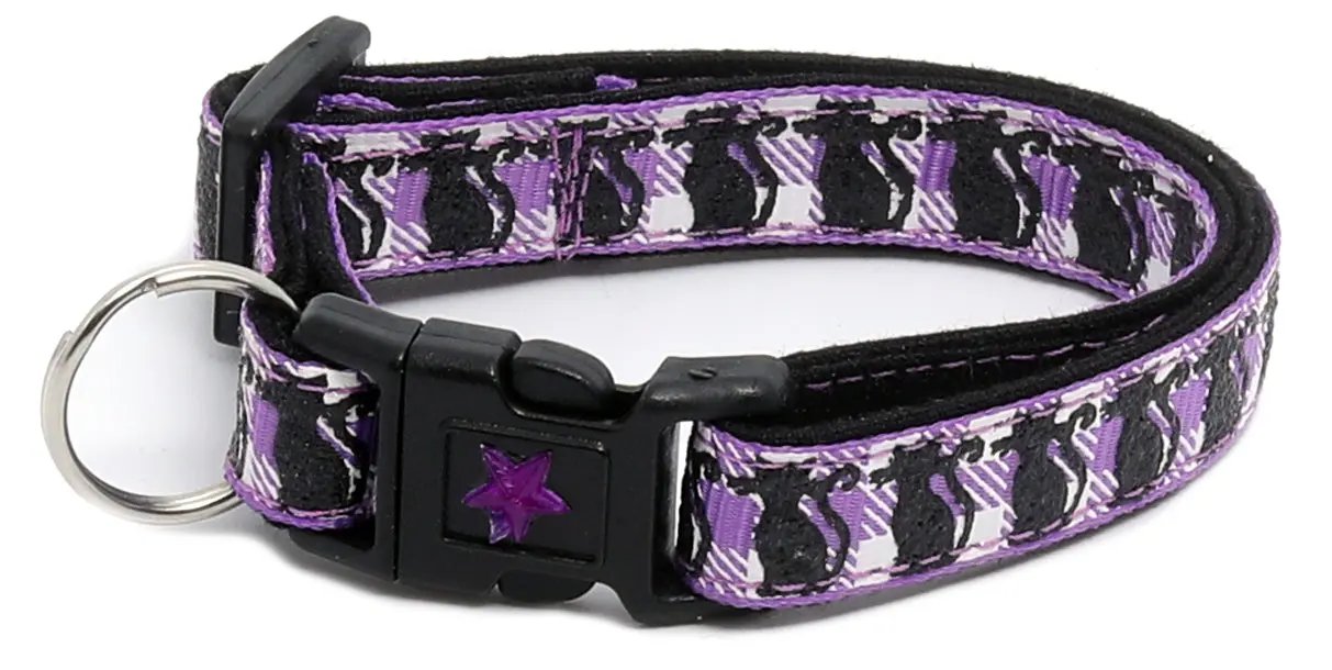 Glittering Black Cats on Plaid Breakaway Cat Collar