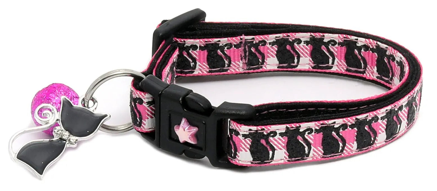 Glittering Black Cats on Plaid Breakaway Cat Collar