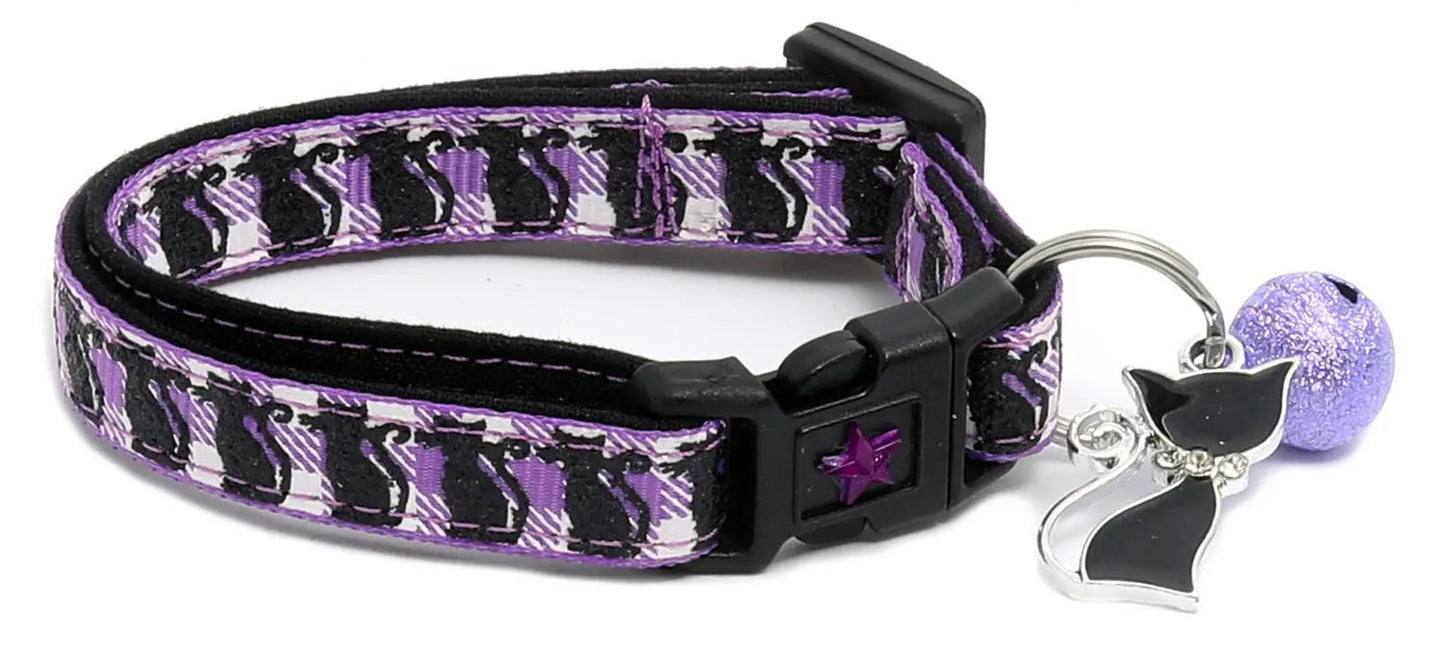 Glittering Black Cats on Plaid Breakaway Cat Collar
