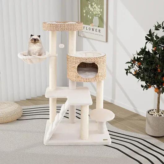 Modern Cat Tree for Indoor Cats with Cattail Fluff Condo and Top Perch-Natural