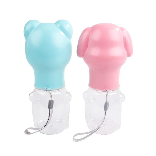 Two animal-shaped water bottles, one blue and one pink, on a white background.