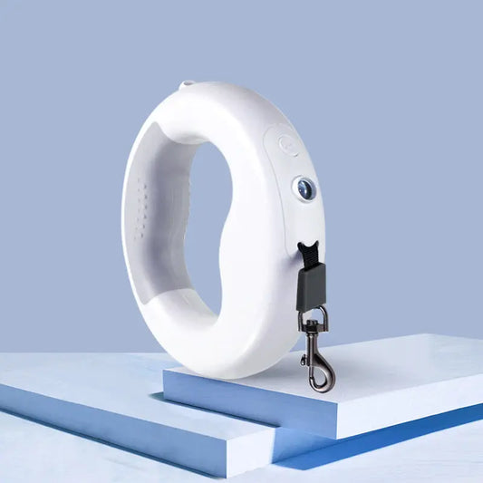 White dog collar with a leash on a blue platform