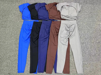 Cross Backless Sporty Set Women 2 Piece Sportswear Short Sleeve Training Suit for Fitness Yoga Wear Female Gym Workout Clothes