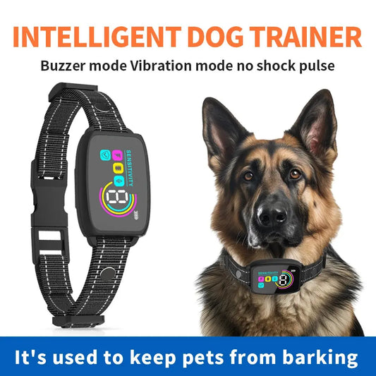 Intelligent dog trainer with digital display on a black strap, featuring a German Shepherd.