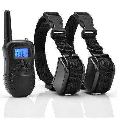 Black electronic dog training collar with remote control on a white background
