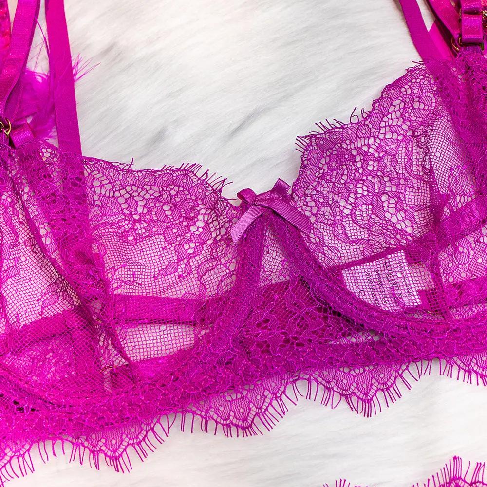 Wholesale Sexy Lace Bra and Panties Set with Feather Details-32