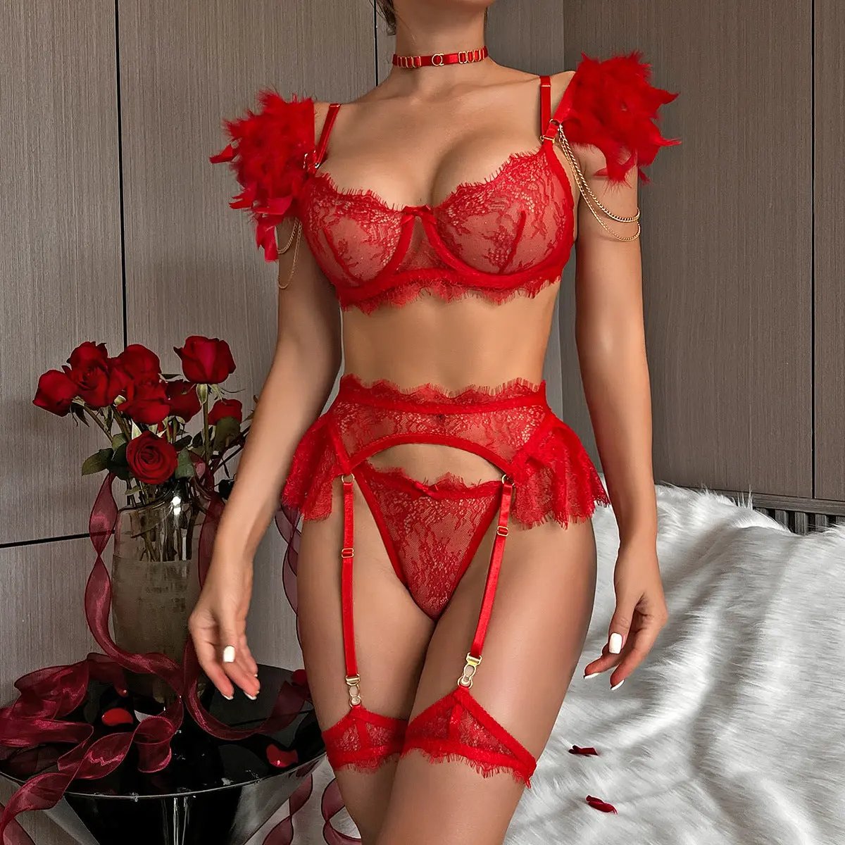 Wholesale Red Sexy Lace Bra and Panties Set with Feather Details Front Model Show