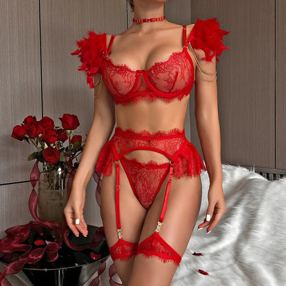 Wholesale Red Sexy Lace Bra and Panties Set with Feather Details Front Model Show