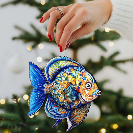 Wooden Christmas Tree Decorations - Blue Fish Wooden Ornaments by G.Debrekht Coastal Holiday Decor - 8688301