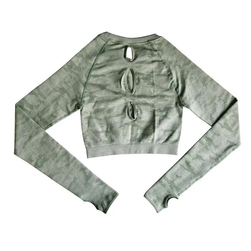 Camo Seamless O-Neck Shirts Women Gym Long Sleeves Running Sport Shirts Women Fitness Top Workout Tops