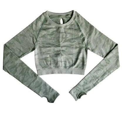 Camo Seamless O-Neck Shirts Women Gym Long Sleeves Running Sport Shirts Women Fitness Top Workout Tops