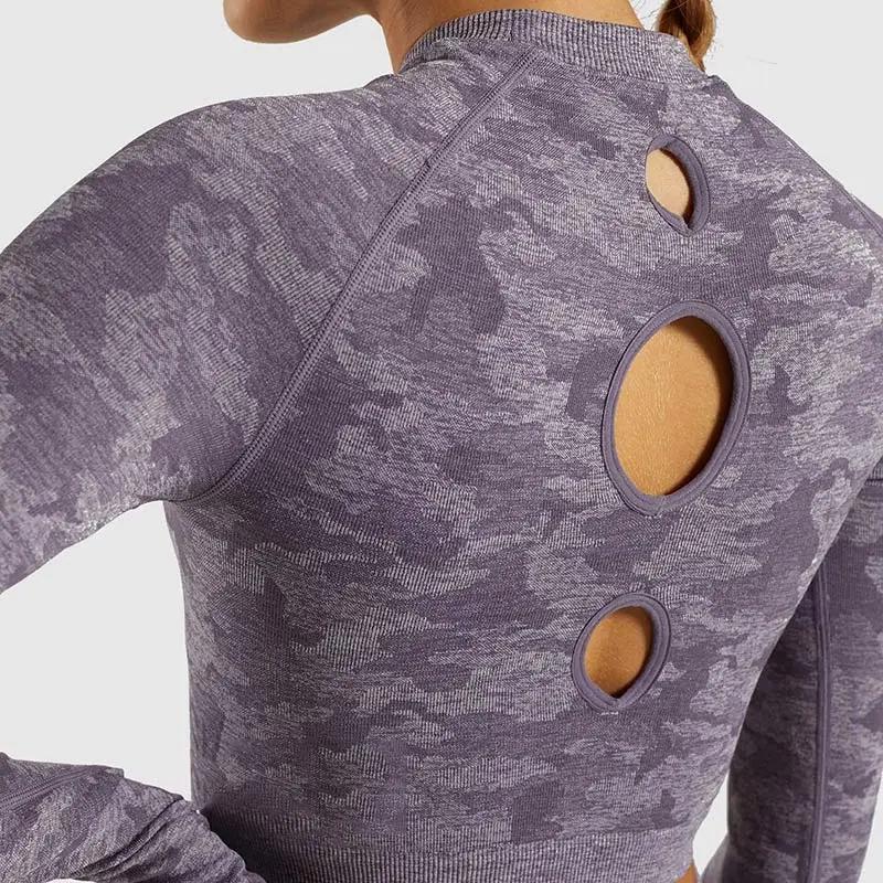 Camo Seamless O-Neck Shirts Women Gym Long Sleeves Running Sport Shirts Women Fitness Top Workout Tops