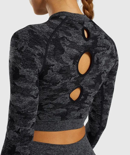 Camo Seamless O-Neck Shirts Women Gym Long Sleeves Running Sport Shirts Women Fitness Top Workout Tops