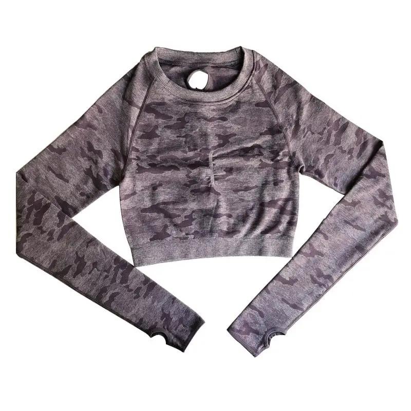 Camo Seamless O-Neck Shirts Women Gym Long Sleeves Running Sport Shirts Women Fitness Top Workout Tops