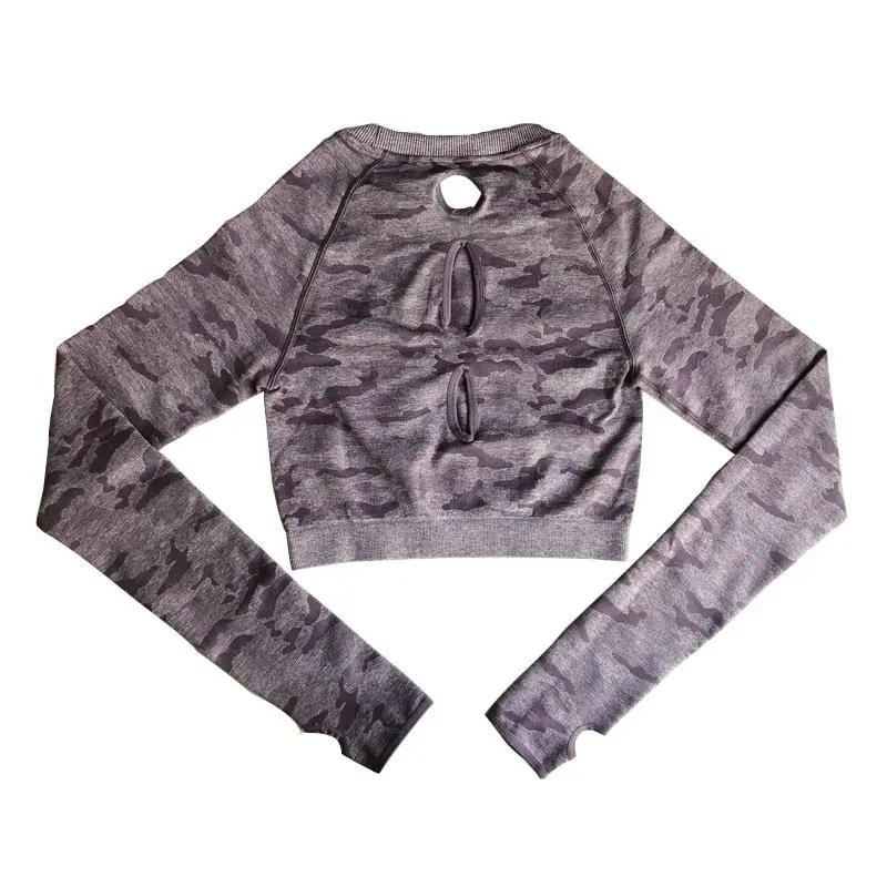 Camo Seamless O-Neck Shirts Women Gym Long Sleeves Running Sport Shirts Women Fitness Top Workout Tops