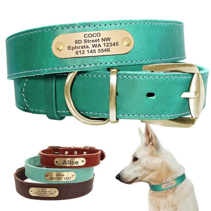 Custom Engraved Leather Dog Collar With Golden Nameplate - Personalized Identification For Medium To Large Dogs