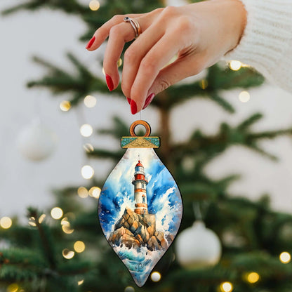 Wooden Christmas Tree Decorations - Lighthouse Wooden Ornaments by G.Debrekht Coastal Holiday Decor - 8688177