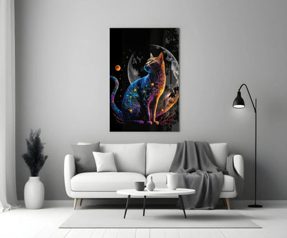 Moon Cat Glass Wall Art  || Designer Collection
