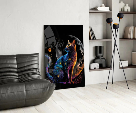 Moon Cat Glass Wall Art  || Designer Collection