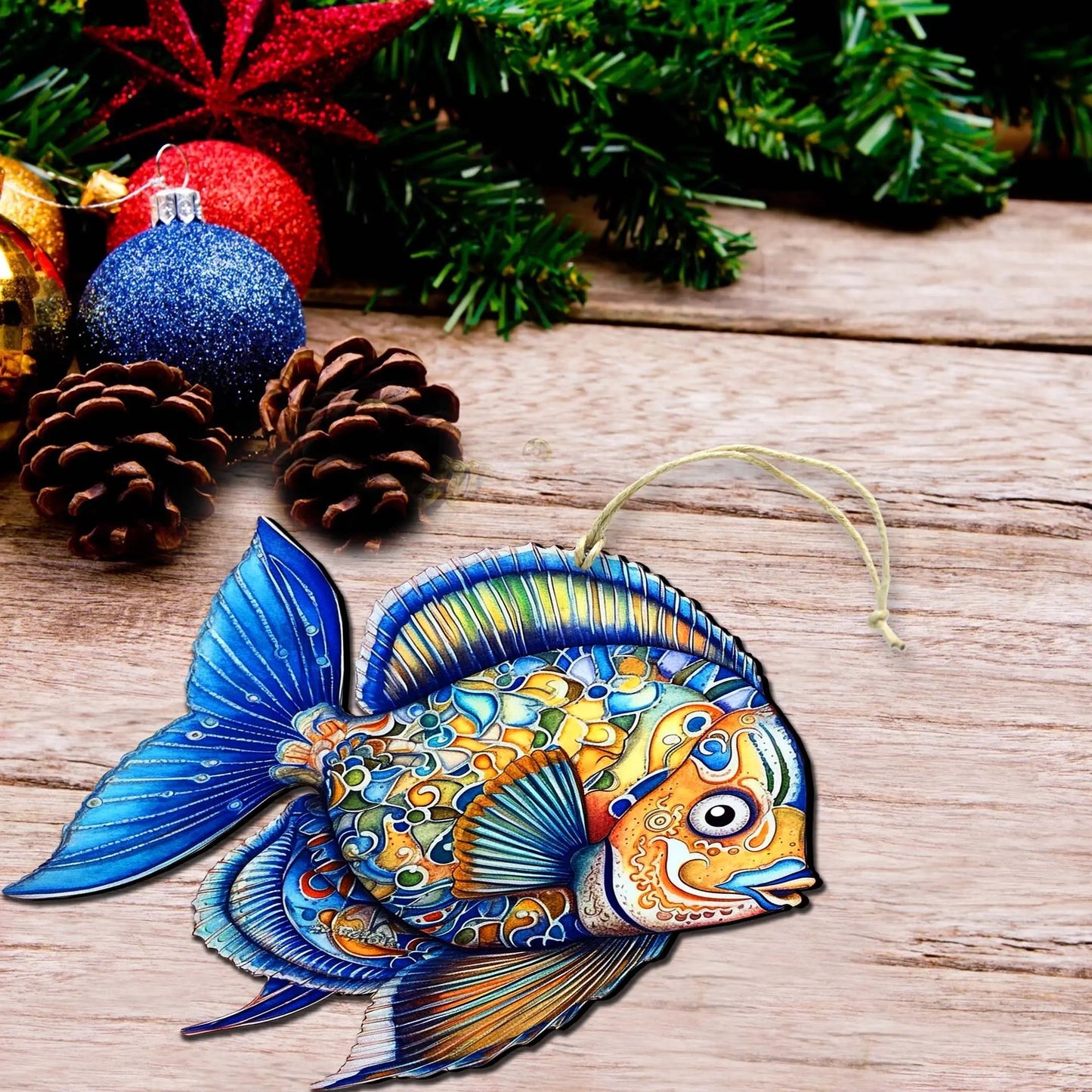 Wooden Christmas Tree Decorations - Blue Fish Wooden Ornaments by G.Debrekht Coastal Holiday Decor - 8688301